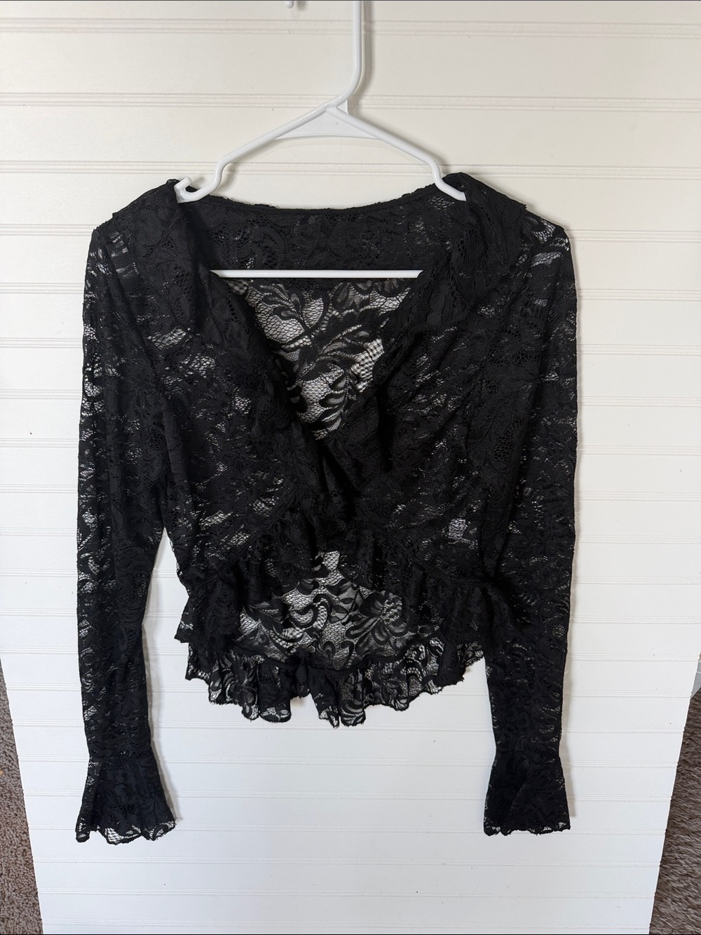 SHEIN Black Lace Ruffle V-Neck Blouse